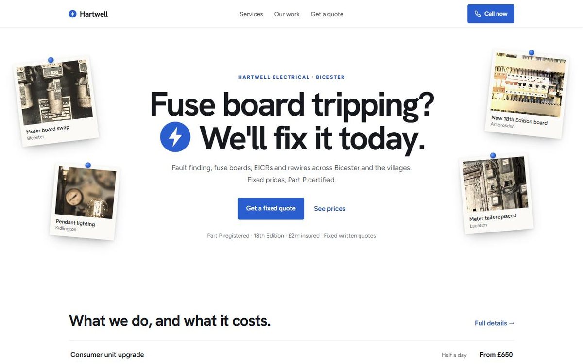 Hartwell Electrical, the homepage of a concept website for an electrician in Bicester